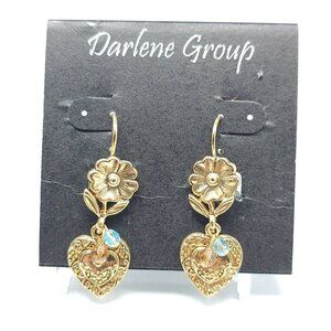 Gold Tone Heart Flower Blue Crystal Dangle Earrings By Darlene Group